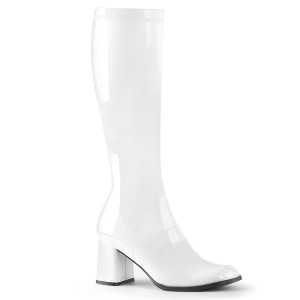 White boots block heel 7,5 cm - 70s years style hippie disco gogo under kneeboots patent leather