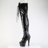 Glitter 18 cm PEEP TOE Black thigh high boots with laces high heels