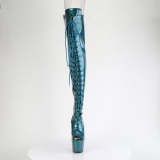 Glitter 18 cm PEEP TOE Teal thigh high boots with laces high heels