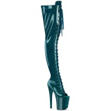 Glitter 20 cm PEEP TOE Teal thigh high boots with laces high heels