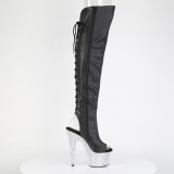 Rhinestones 18 cm PEEP TOE Black thigh high boots with laces high heels