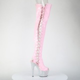 Rhinestones 18 cm open toe rose thigh high boots with laces high heels